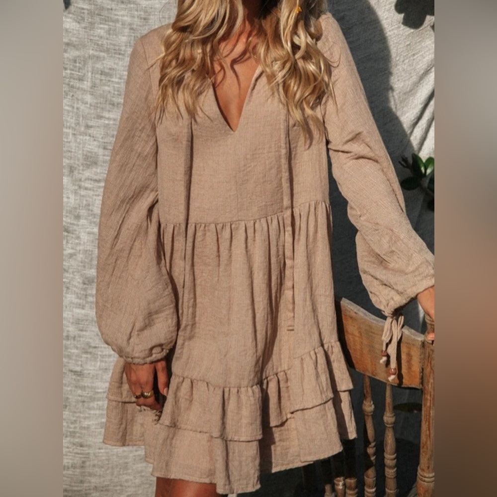 BRAND NEW Tan Lennon Ruffle hem V neck dress with beaded sleeve detail